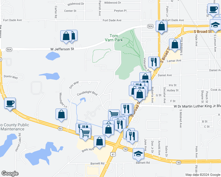 map of restaurants, bars, coffee shops, grocery stores, and more near 822 Village Drive in Brooksville