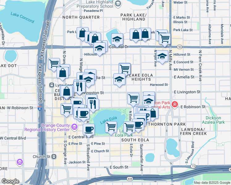 map of restaurants, bars, coffee shops, grocery stores, and more near 415 East Livingston Street in Orlando