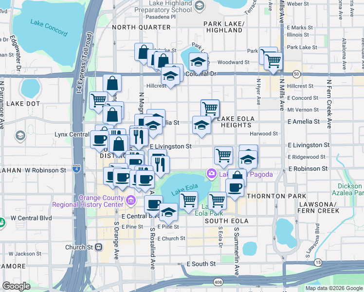 map of restaurants, bars, coffee shops, grocery stores, and more near 413 Highland Avenue in Orlando