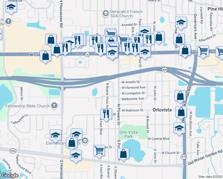 map of restaurants, bars, coffee shops, grocery stores, and more near 424 North Powers Drive in Orlando