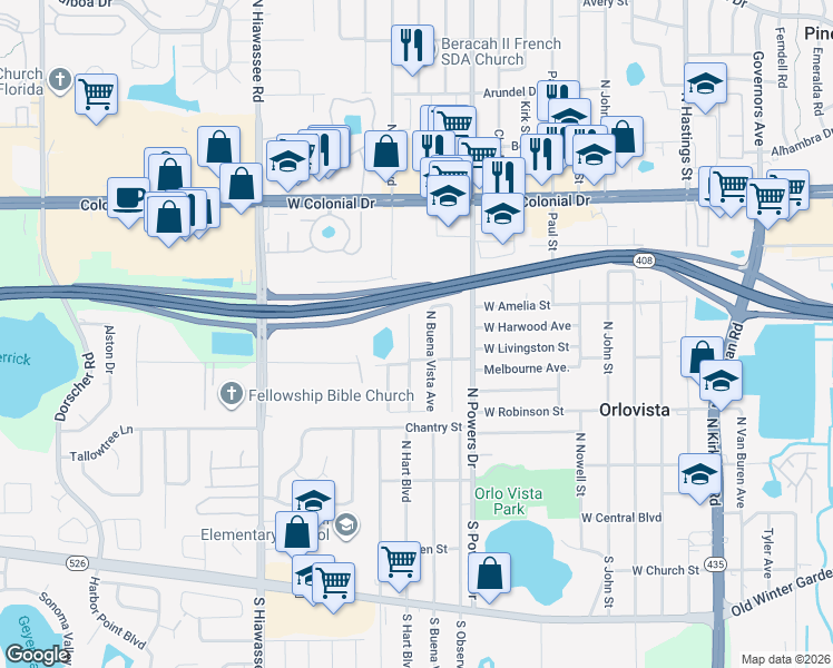 map of restaurants, bars, coffee shops, grocery stores, and more near 424 North Buena Vista Avenue in Orlando