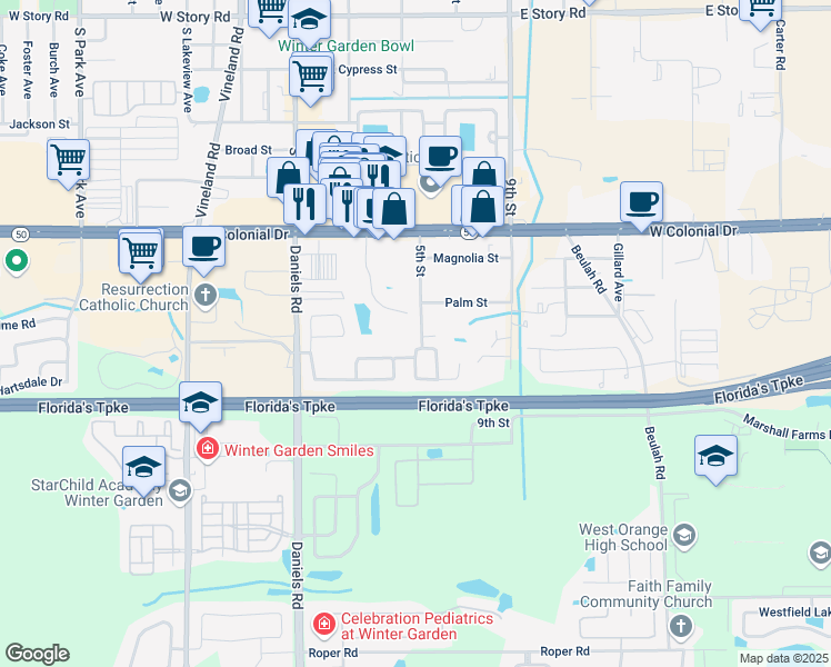 map of restaurants, bars, coffee shops, grocery stores, and more near 167 Windtree Lane in Winter Garden