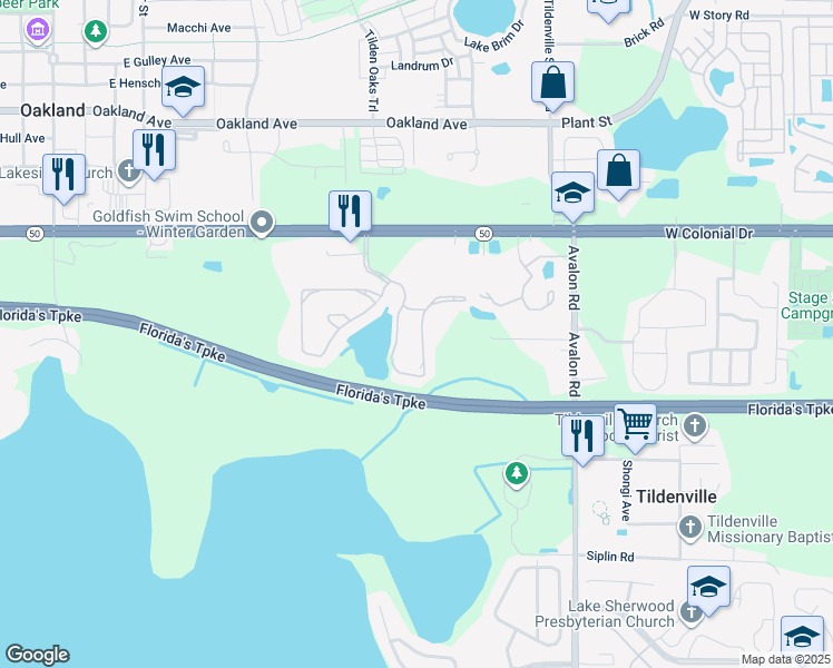 map of restaurants, bars, coffee shops, grocery stores, and more near 1556 Broken Oak Drive in Winter Garden
