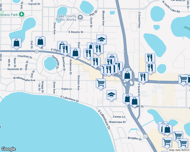 map of restaurants, bars, coffee shops, grocery stores, and more near 669 Florida 50 in Clermont