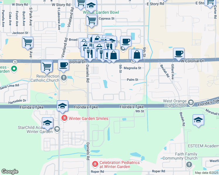 map of restaurants, bars, coffee shops, grocery stores, and more near 86 Windtree Lane in Winter Garden