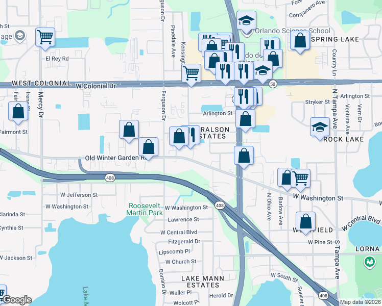 map of restaurants, bars, coffee shops, grocery stores, and more near 3333 Old Winter Garden Road in Orlando