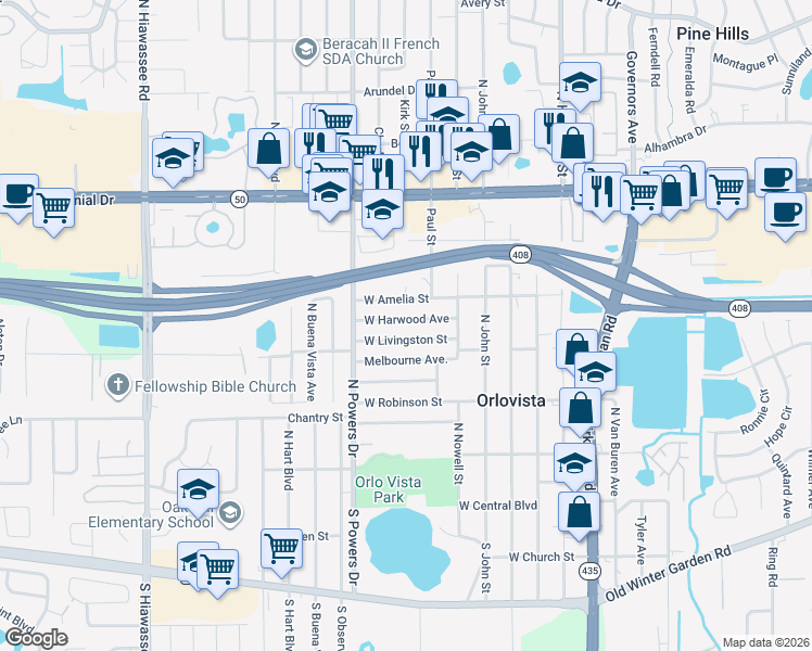 map of restaurants, bars, coffee shops, grocery stores, and more near 6039 West Harwood Avenue in Orlando
