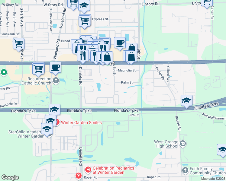 map of restaurants, bars, coffee shops, grocery stores, and more near 162 Windtree Lane in Winter Garden