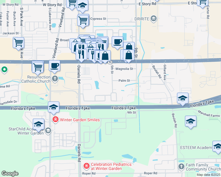 map of restaurants, bars, coffee shops, grocery stores, and more near 167 Windtree Lane in Winter Garden