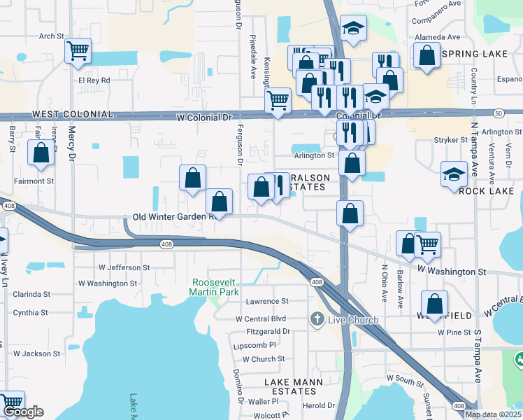 map of restaurants, bars, coffee shops, grocery stores, and more near 3333 Old Winter Garden Road in Orlando