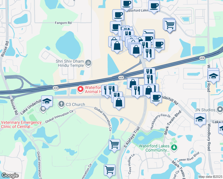 map of restaurants, bars, coffee shops, grocery stores, and more near 12101 Fountainbrook Boulevard in Orlando