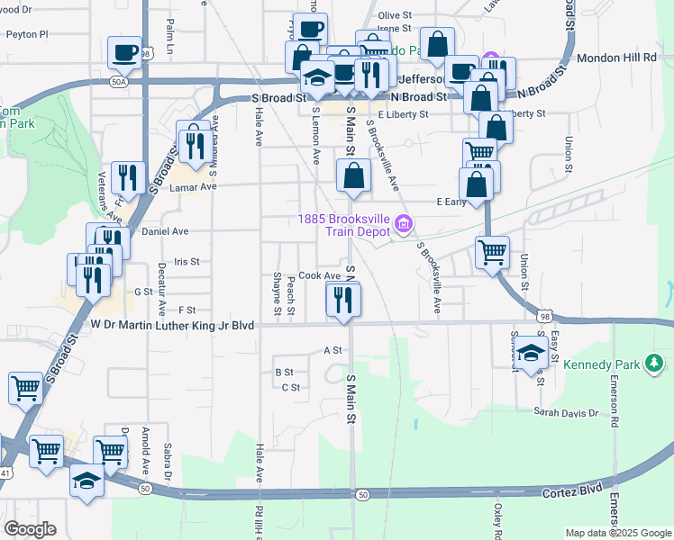 map of restaurants, bars, coffee shops, grocery stores, and more near 770 South Main Street in Brooksville
