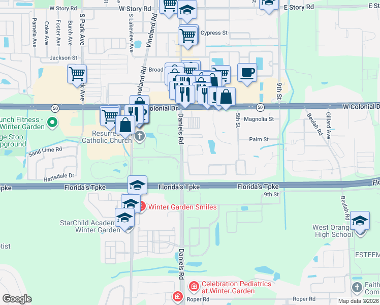 map of restaurants, bars, coffee shops, grocery stores, and more near 1311 Daniels Cove Drive in Winter Garden