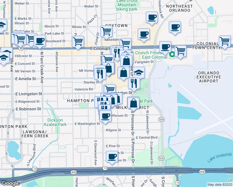 map of restaurants, bars, coffee shops, grocery stores, and more near 2631 East Livingston Street in Orlando