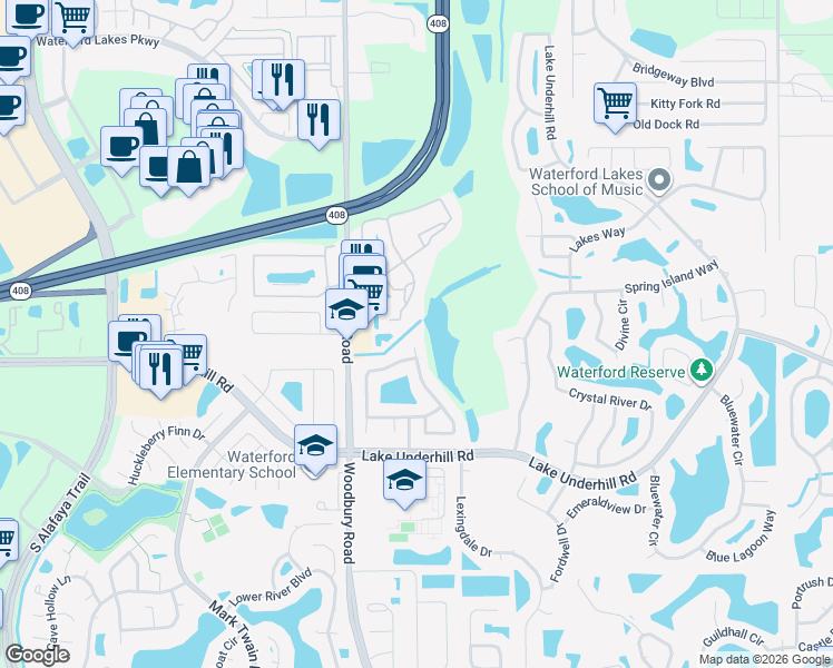 map of restaurants, bars, coffee shops, grocery stores, and more near 679 Waterscape Way in Orlando