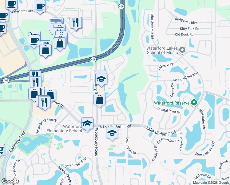 map of restaurants, bars, coffee shops, grocery stores, and more near 679 Waterscape Way in Orlando