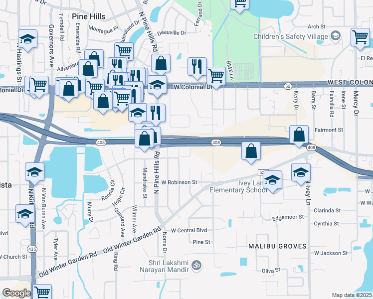 map of restaurants, bars, coffee shops, grocery stores, and more near 423 Dover Street in Orlando