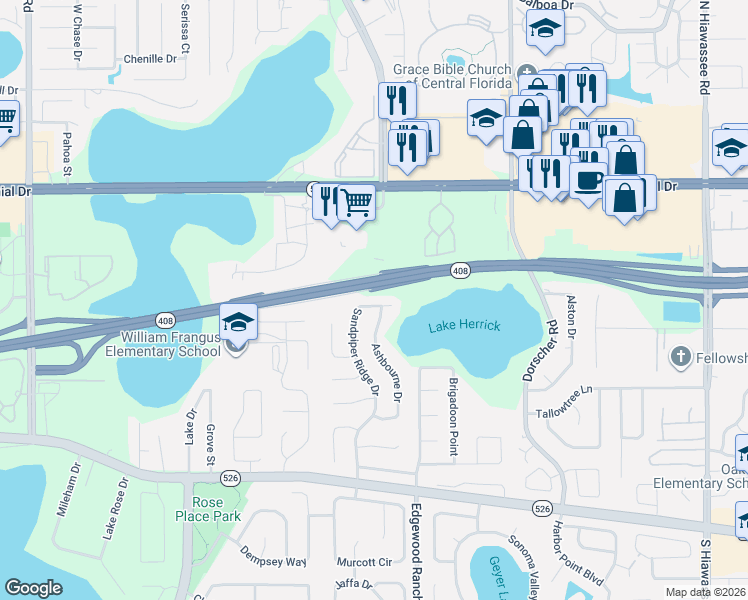 map of restaurants, bars, coffee shops, grocery stores, and more near 462 Sandpiper Ridge Drive in Orlando