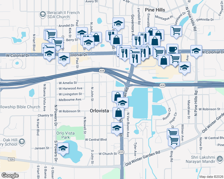 map of restaurants, bars, coffee shops, grocery stores, and more near 448 North Hastings Street in Orlando