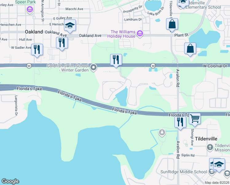 map of restaurants, bars, coffee shops, grocery stores, and more near 1620 Scarlet Oak Loop in Winter Garden