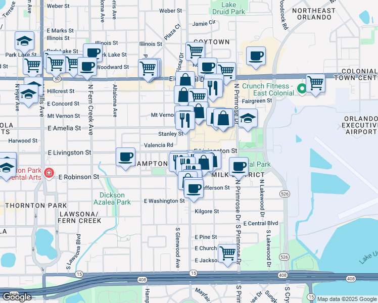map of restaurants, bars, coffee shops, grocery stores, and more near East Livingston Street & North Bumby Avenue in Orlando