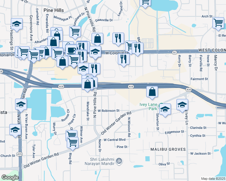map of restaurants, bars, coffee shops, grocery stores, and more near 423 Dover Street in Orlando