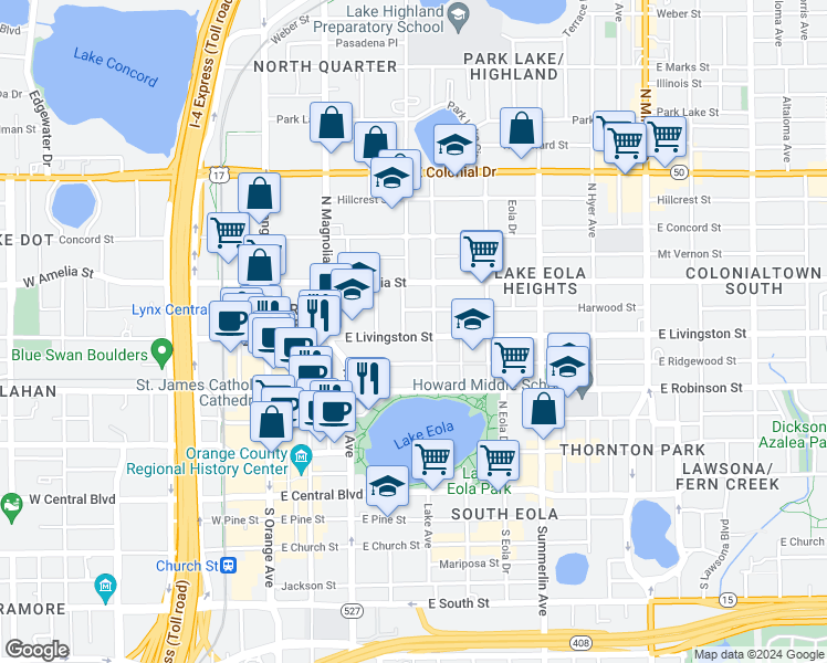 map of restaurants, bars, coffee shops, grocery stores, and more near 307 East Livingston Street in Orlando