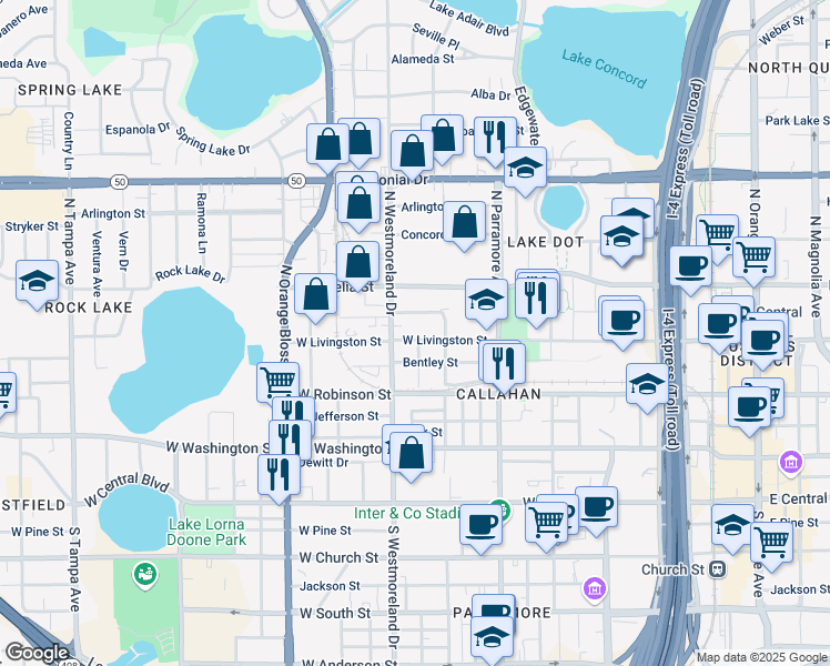 map of restaurants, bars, coffee shops, grocery stores, and more near 907 West Livingston Street in Orlando