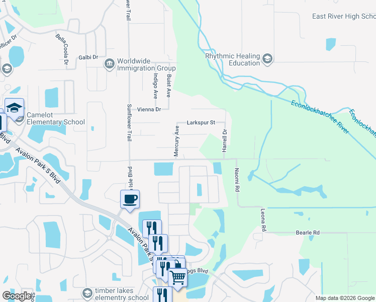 map of restaurants, bars, coffee shops, grocery stores, and more near 15826 Bermuda Street in Orlando