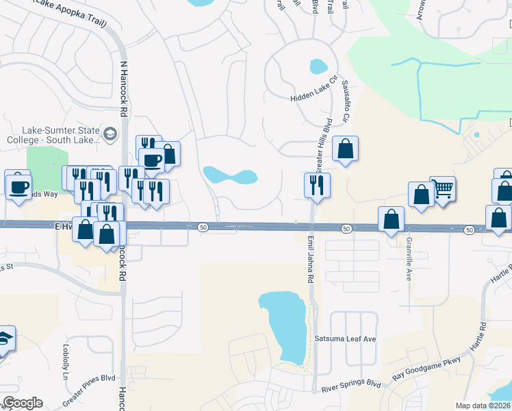 map of restaurants, bars, coffee shops, grocery stores, and more near 3000 Pinnacle Court in Clermont
