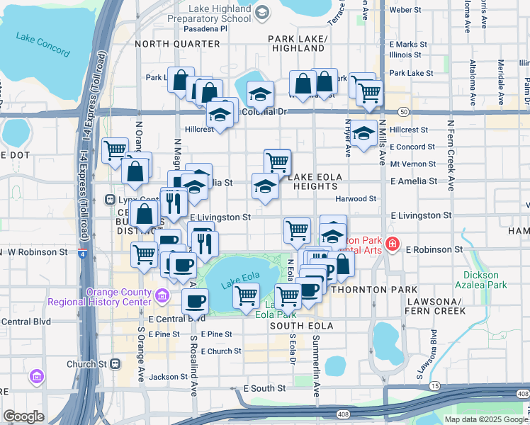 map of restaurants, bars, coffee shops, grocery stores, and more near 415 East Livingston Street in Orlando