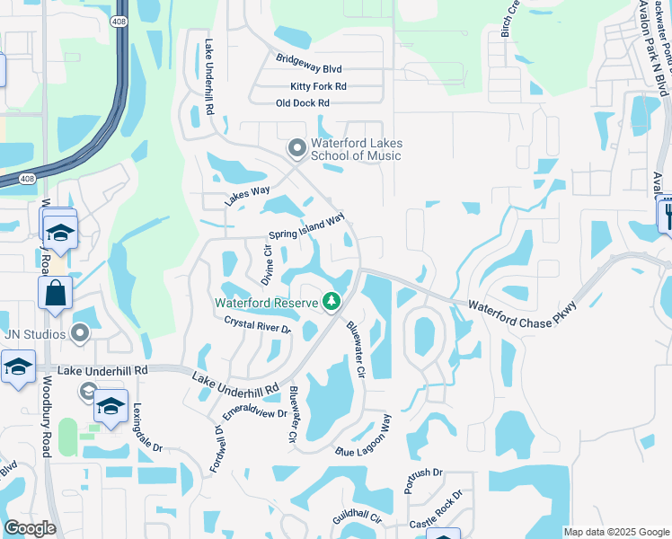 map of restaurants, bars, coffee shops, grocery stores, and more near 600 Lakescape Court in Orlando