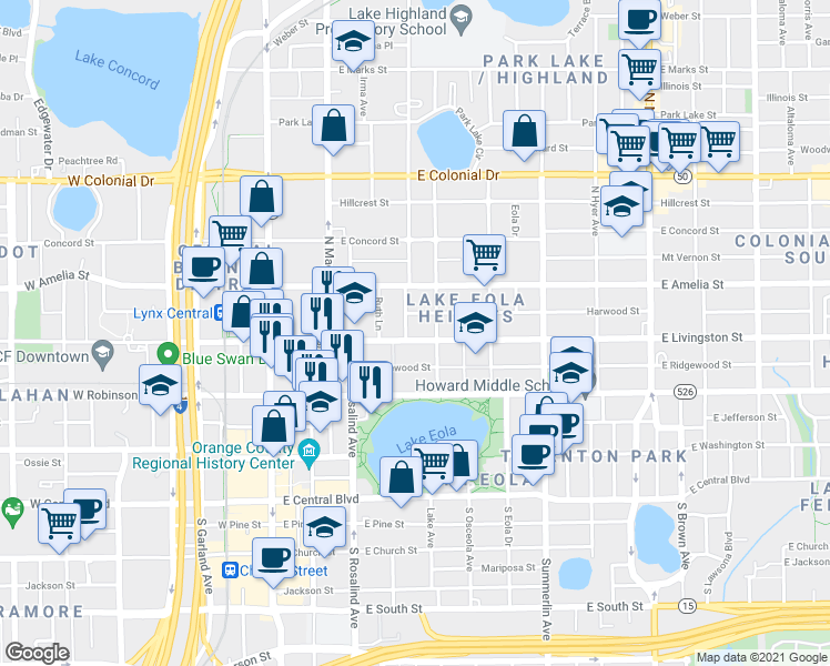 map of restaurants, bars, coffee shops, grocery stores, and more near 413 Highland Avenue in Orlando