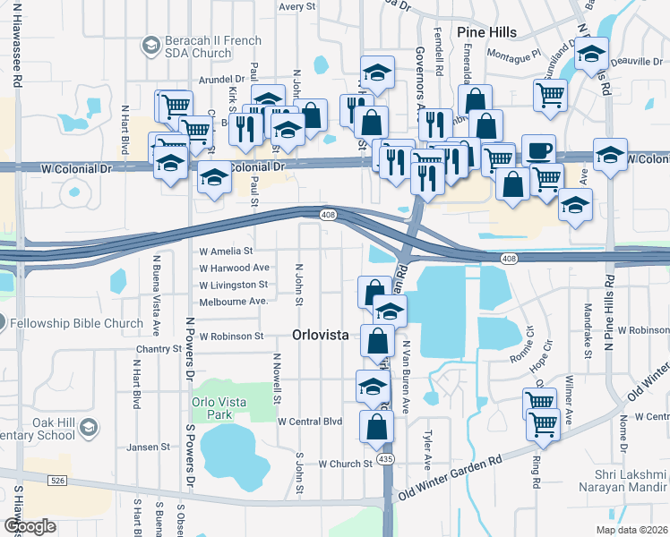 map of restaurants, bars, coffee shops, grocery stores, and more near 452 North Normandale Avenue in Orlando
