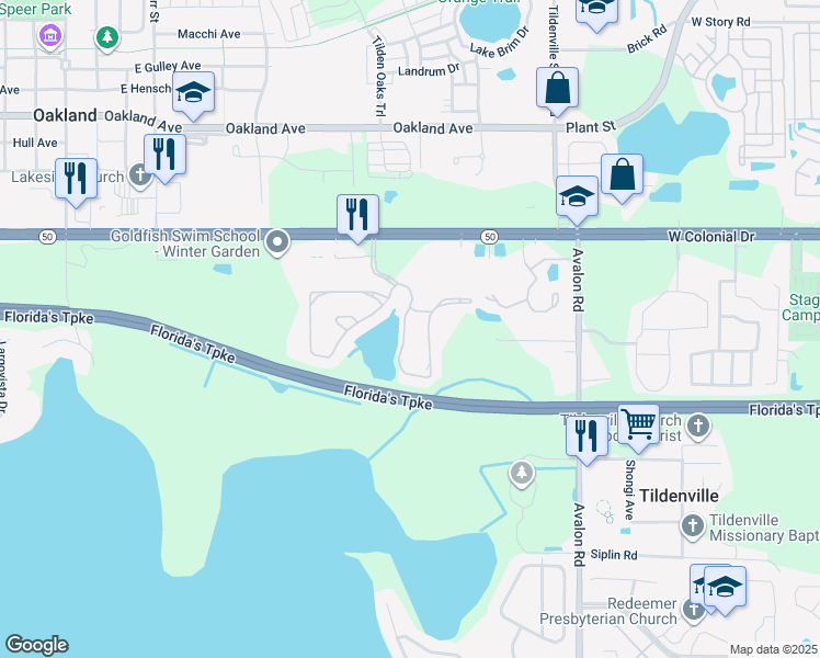 map of restaurants, bars, coffee shops, grocery stores, and more near 1305 Broken Oak Drive in Winter Garden