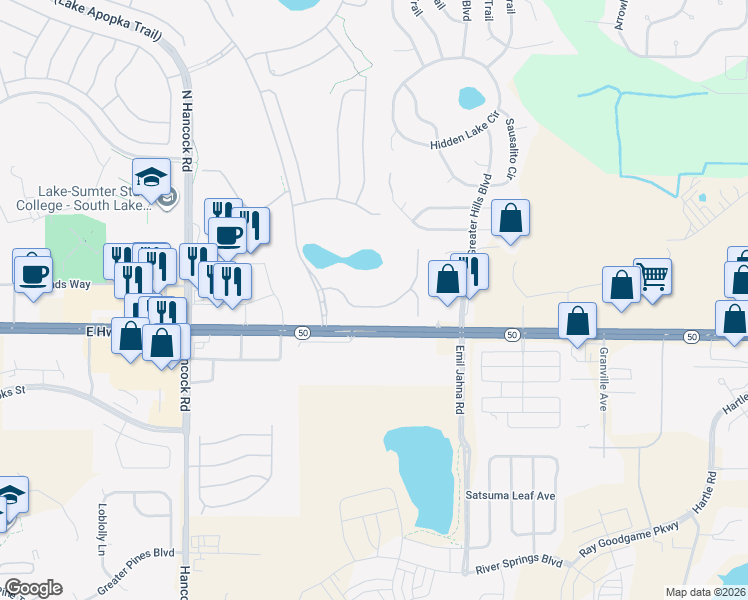 map of restaurants, bars, coffee shops, grocery stores, and more near 3000 Pinnacle Court in Clermont