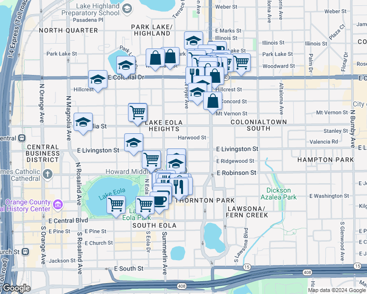 map of restaurants, bars, coffee shops, grocery stores, and more near 817 East Livingston Street in Orlando
