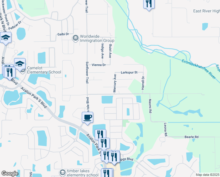map of restaurants, bars, coffee shops, grocery stores, and more near 15710 Bermuda Street in Orlando