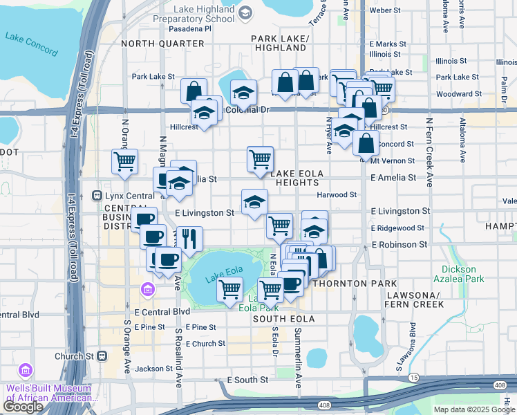 map of restaurants, bars, coffee shops, grocery stores, and more near 517 East Livingston Street in Orlando