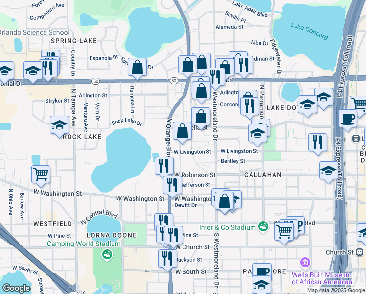 map of restaurants, bars, coffee shops, grocery stores, and more near 411 Hames Avenue in Orlando