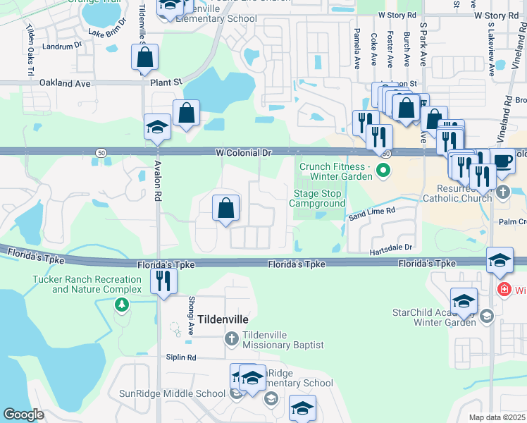 map of restaurants, bars, coffee shops, grocery stores, and more near 996 Stucki Terrace in Winter Garden