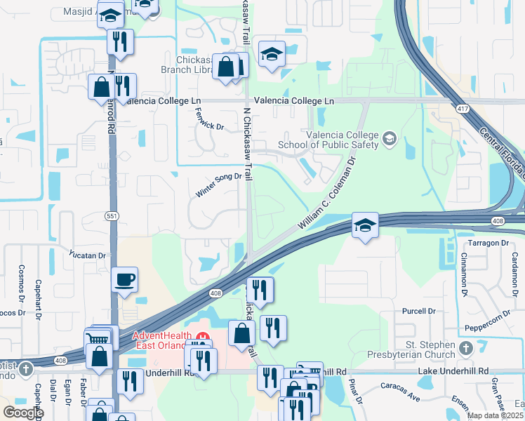 map of restaurants, bars, coffee shops, grocery stores, and more near 1030 Vista Haven Circle in Orlando