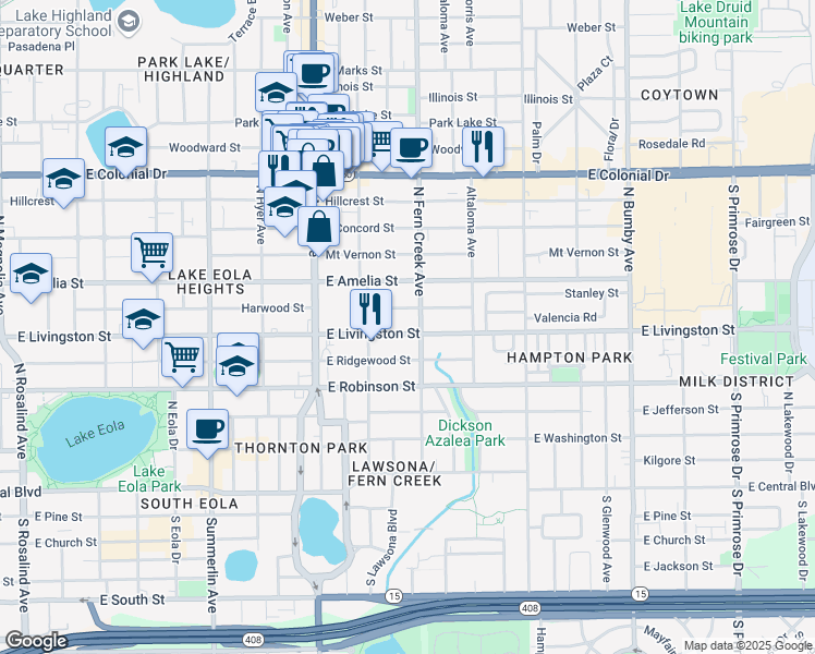 map of restaurants, bars, coffee shops, grocery stores, and more near 1415 East Livingston Street in Orlando