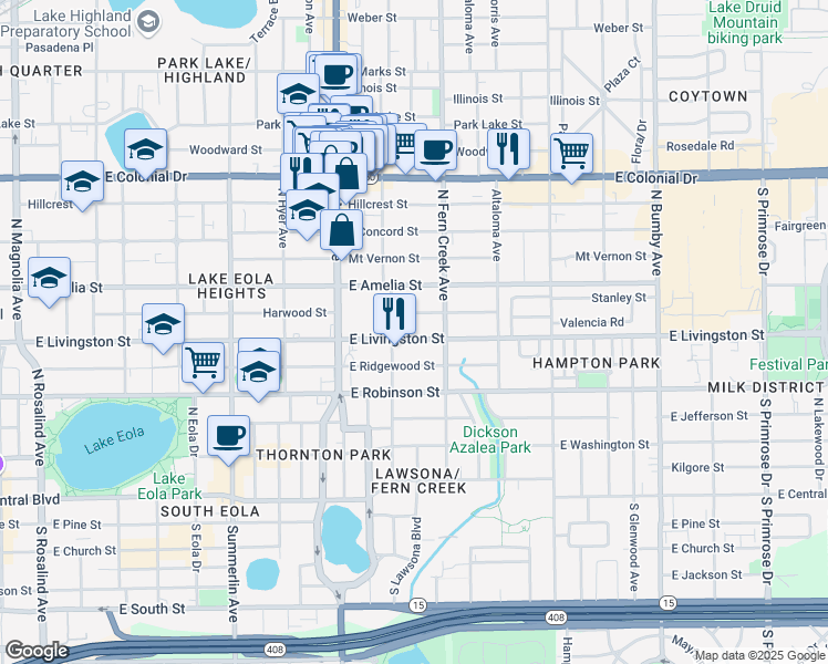 map of restaurants, bars, coffee shops, grocery stores, and more near 1415 East Livingston Street in Orlando