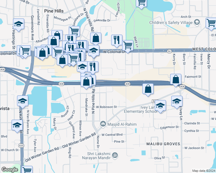 map of restaurants, bars, coffee shops, grocery stores, and more near 423 Dover Street in Orlando