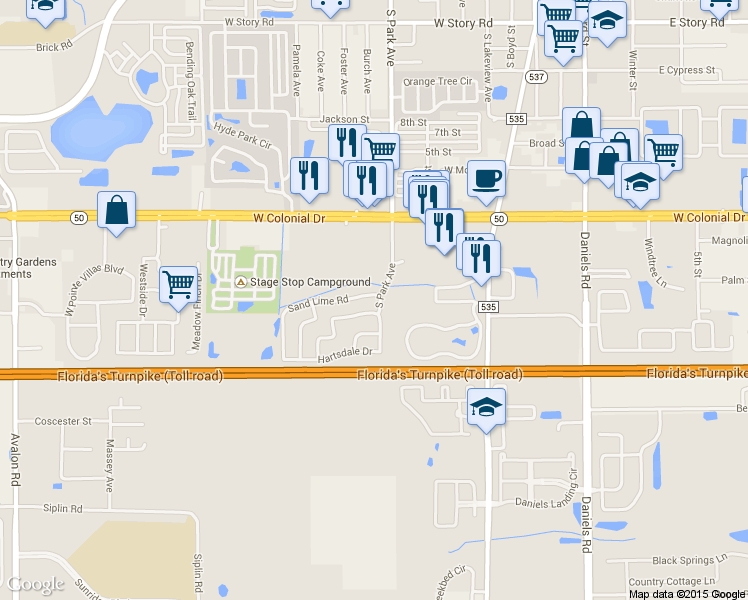 map of restaurants, bars, coffee shops, grocery stores, and more near 422 Sand Lime Road in Winter Garden