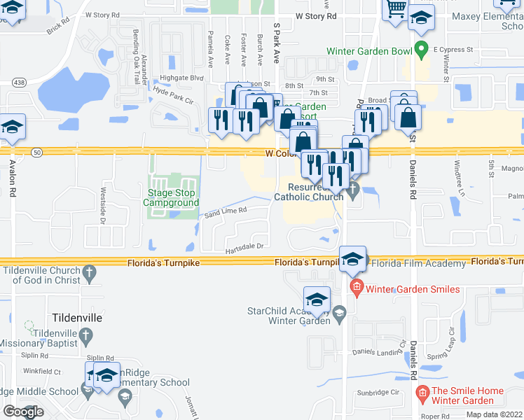 map of restaurants, bars, coffee shops, grocery stores, and more near 422 Sand Lime Road in Winter Garden