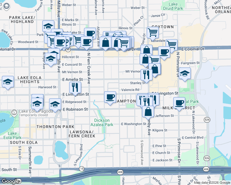 map of restaurants, bars, coffee shops, grocery stores, and more near 1909 East Livingston Street in Orlando