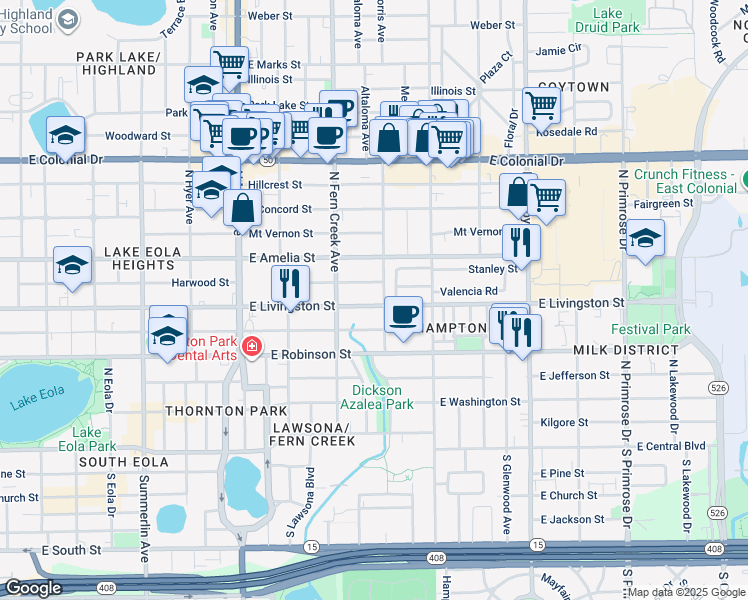 map of restaurants, bars, coffee shops, grocery stores, and more near 410 Altaloma Avenue in Orlando