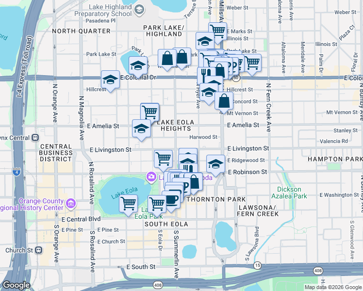 map of restaurants, bars, coffee shops, grocery stores, and more near 723 East Livingston Street in Orlando